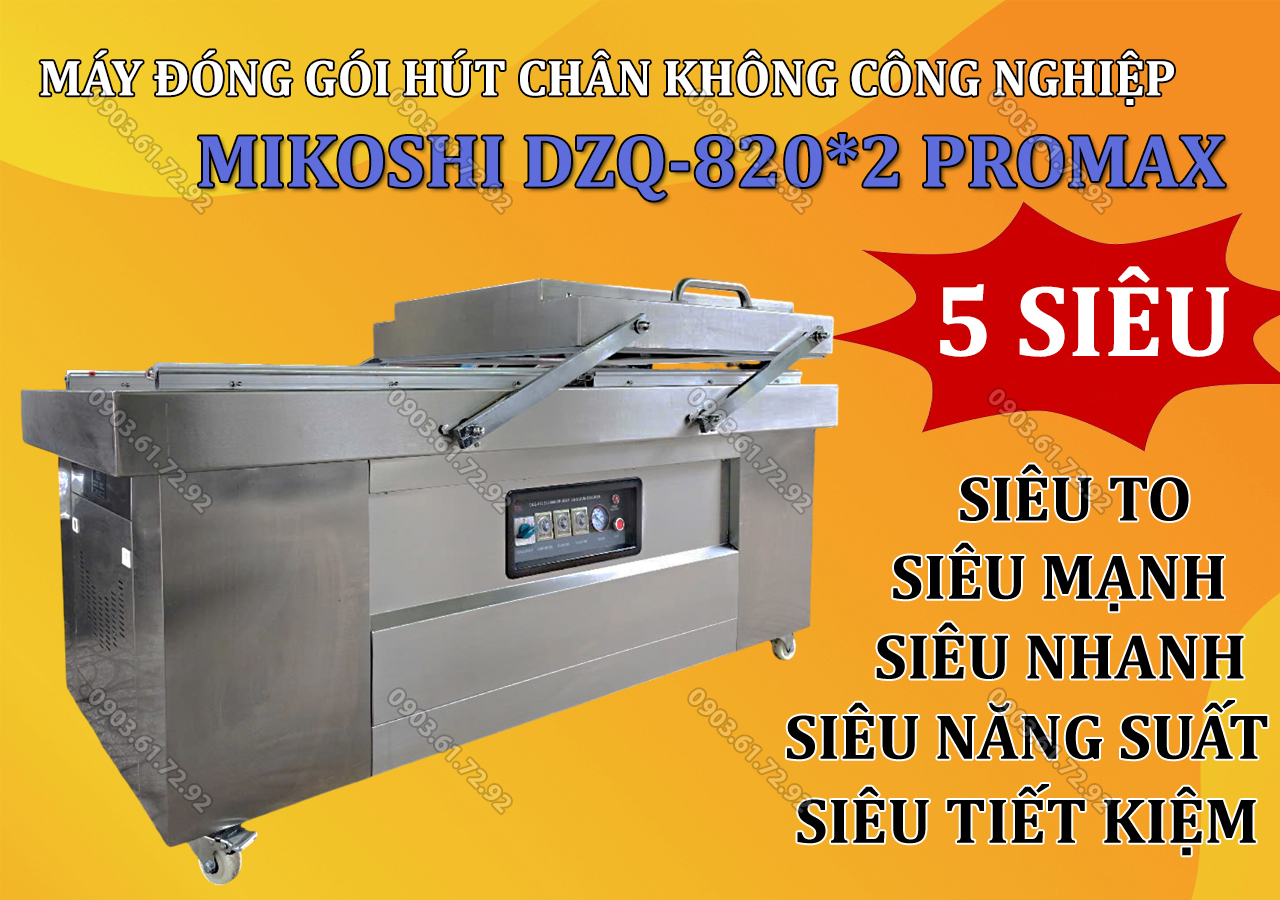 máy đóng gói hút chân không công nghiệp mikoshi dzq-820*2 promax công suất 3000w